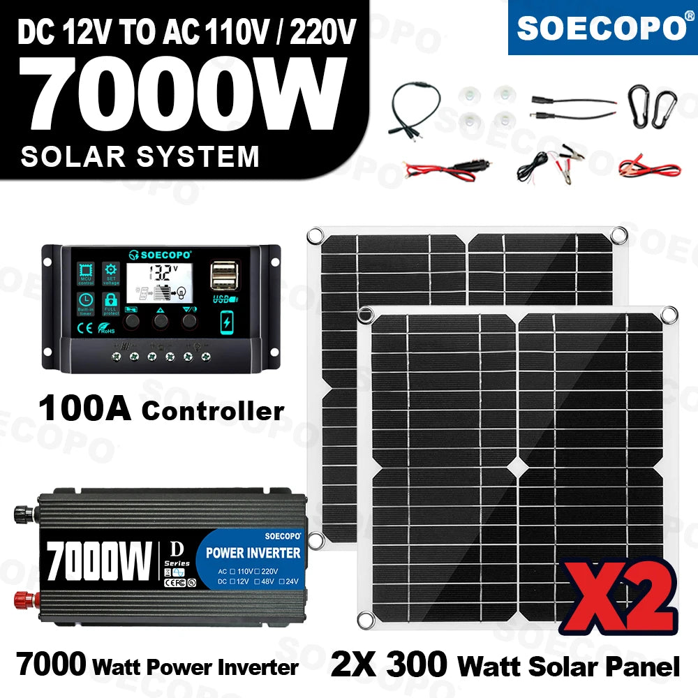 7000W Portable Solar Power High-efficiency Panel 100A Controller 12V