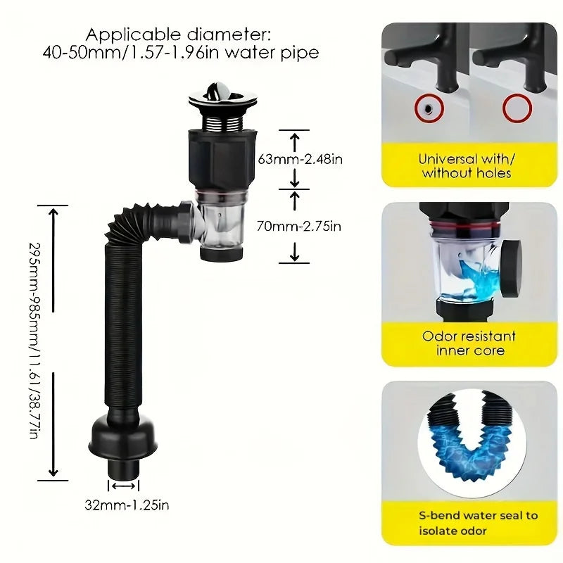 ABS Kitchen Sink Drain Pipe Adjustable P-trap Odor Clog Proof Slip
