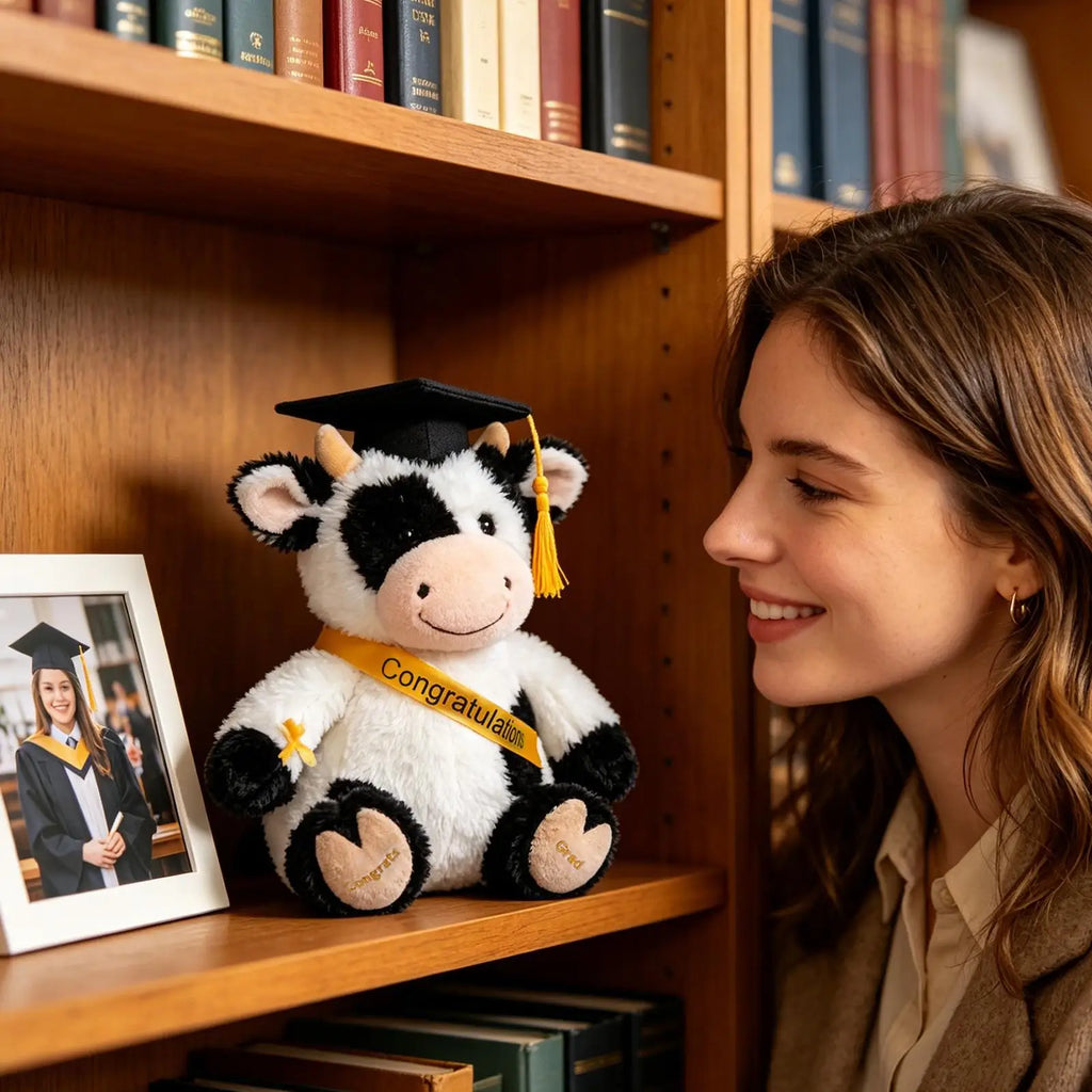 Cow Stuffed Animal 9 Inch Cute Soft Collectible Decor With Hat Graduation Plush For School Preschool Grade College High School Zpaxo