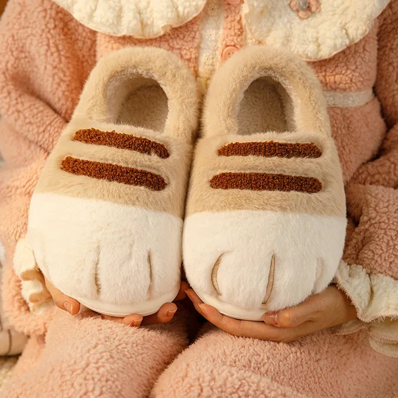 Winter Warm Cat Paw Slippers Plush Furry Loafers Closed Heel Women