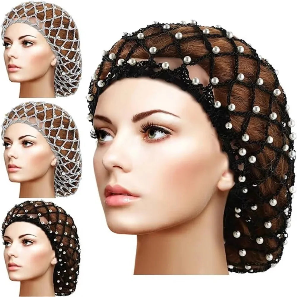 Pearls Beads Mesh Snood Hair Net Soft Solid Oversize Knit Hat Women Zpaxo