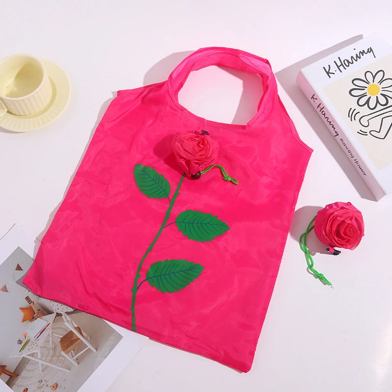 Rose Flower Foldable Shopping Bag Portable Large Capacity Folding