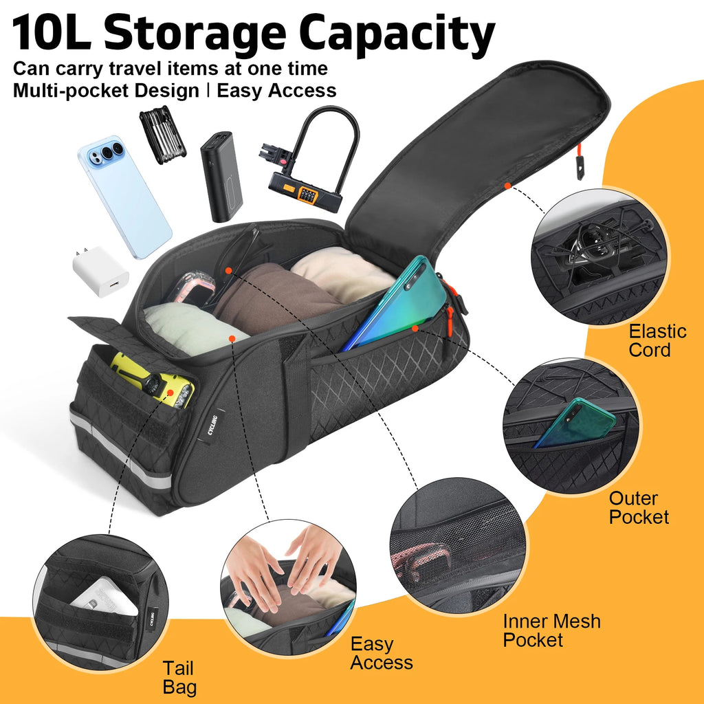 New Bike Trunk Bag Upgrade 900D 10L Large Capacity Anti-Tear Multi-Use Quick Install fixing Commuting outdoor Bicycle Accessory Zpaxo