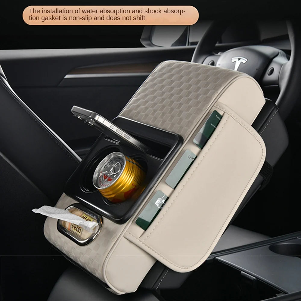 Nappa Leather Center Console Armrest Cushion Tissue Box 2 Cup Holder Car Armrest Storage Box Comfortable Phone Slot Zpaxo