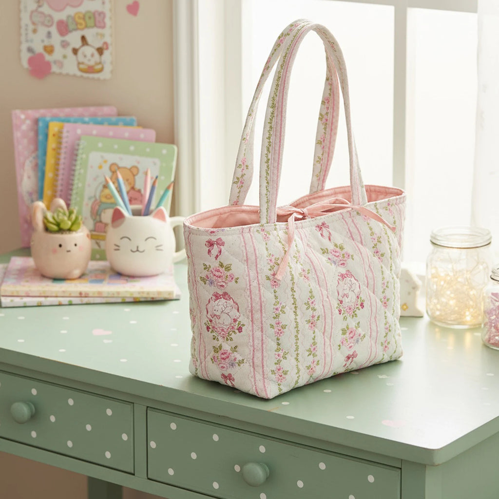 Floral Quilted Cotton Shoulder Bag Fashion Tote Bag with Bow Underarm Bag for Women Work Shopping Travel Zpaxo