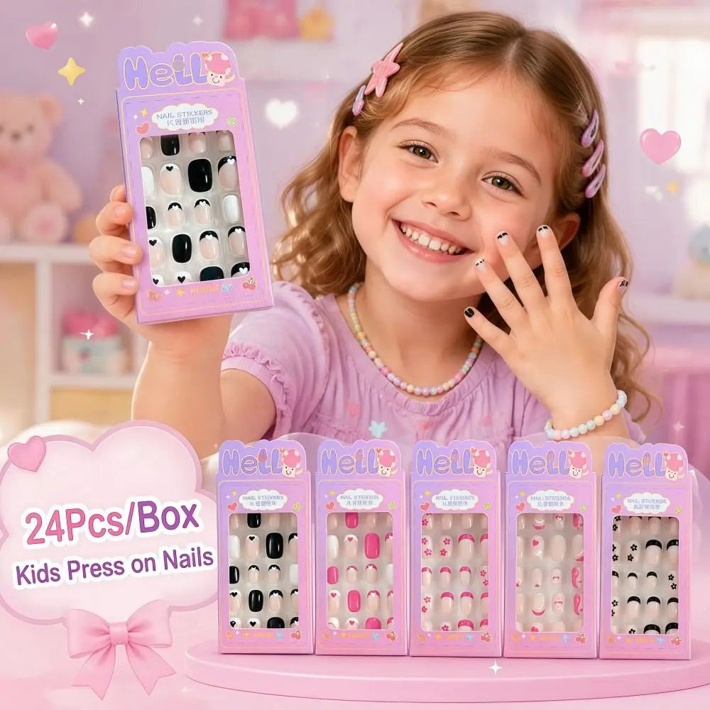 Box Cartoon Press Nails French Black Flower Tips False Almond-shaped Zpaxo