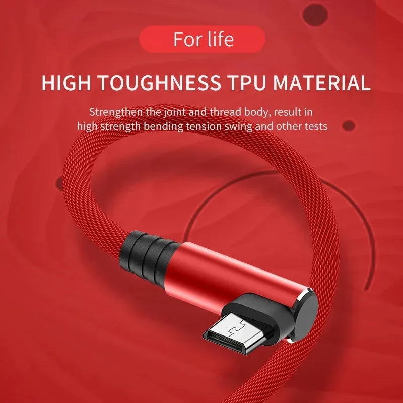 90° Elbow Micro USB Cable 3A Fast Charging – 1 or 3 Pack