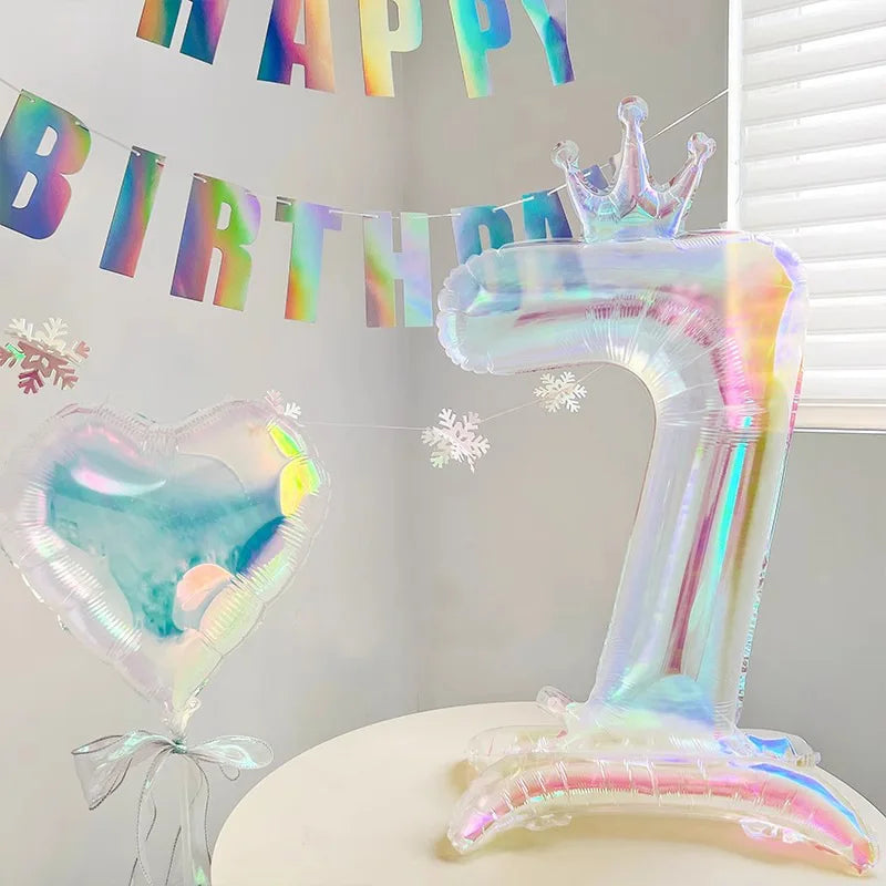 Iridescent Transparent Standing Number Balloons Crown 0-9 Digital