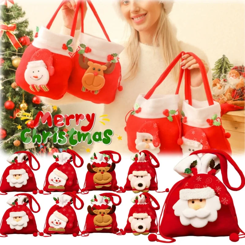 Reusable Christmas Bags Drawstring Santa Reindeer Snowman Design