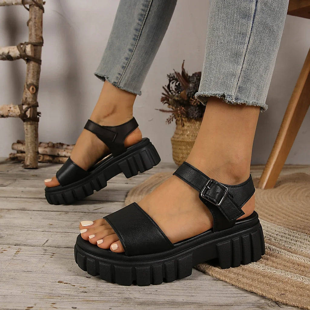 Women Platform Sandals Chunky Heel Casual Shoes Summer Solid Round