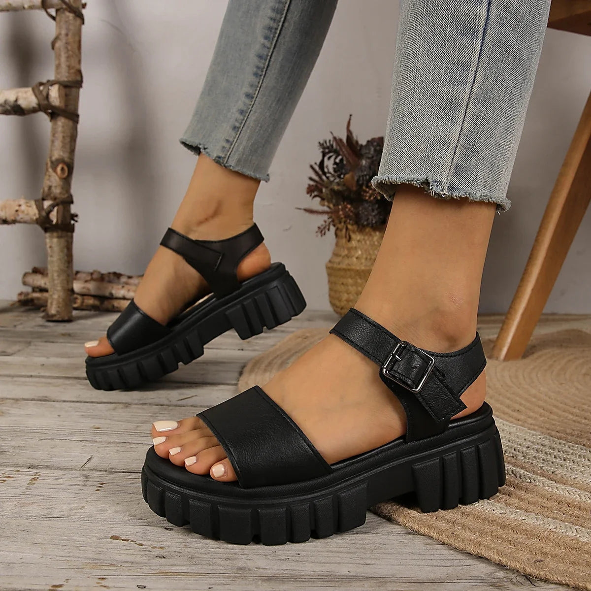 Women Platform Sandals Chunky Heel Casual Shoes Summer Solid Round