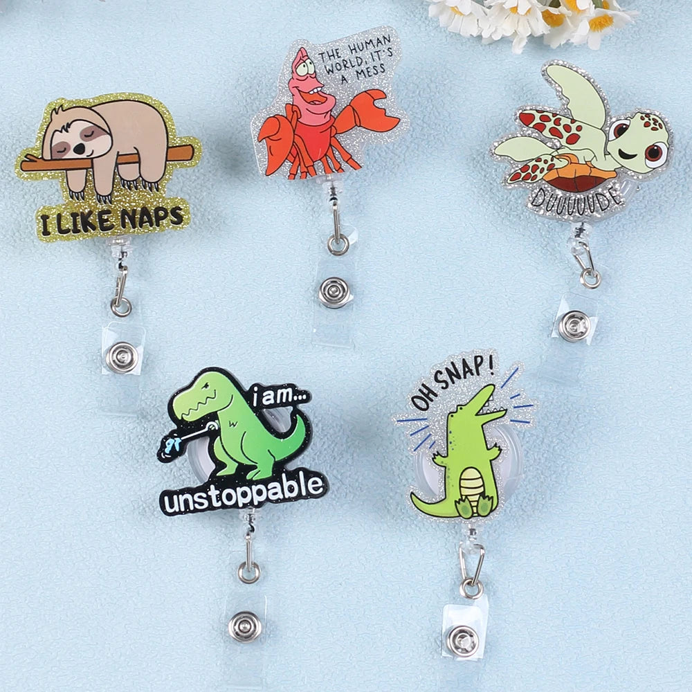 Cartoon Animal Badge Reel Retractable Acrylic Badge Holder Reel ID Clip DinosaurKoala Crocodile Clip for Nurse Office Student Zpaxo