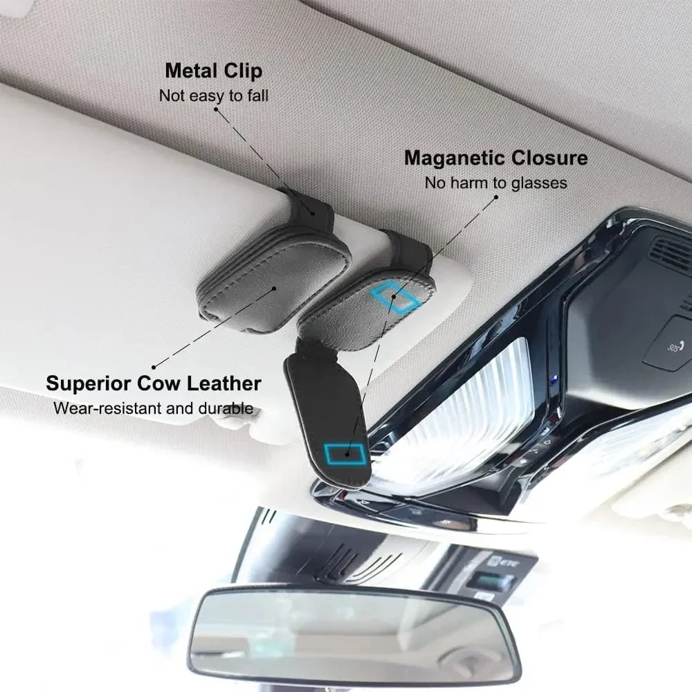Sunglasses Box Holder Magnetic Leather Universal Car Glasses Clip