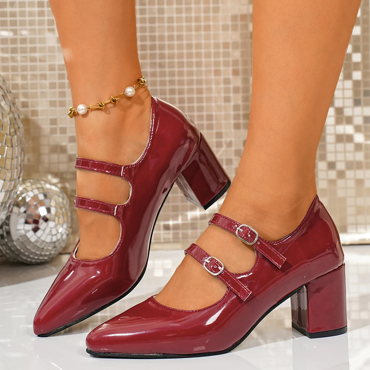 Elegant Women High Heel Pumps Double Ankle Strap Shoes Women Chunky Heels Mary Jane Shoes Women Patent Leather High Heels Shoes Zpaxo wine red 42