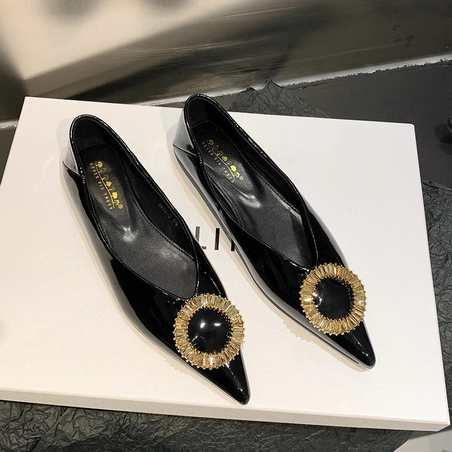Flat Shoes for Women Spring and Autumn Shiny Patent Leather Shallow Mouth Pointed Metal Rhinestone Buckle Ladies Shoes Women Zpaxo