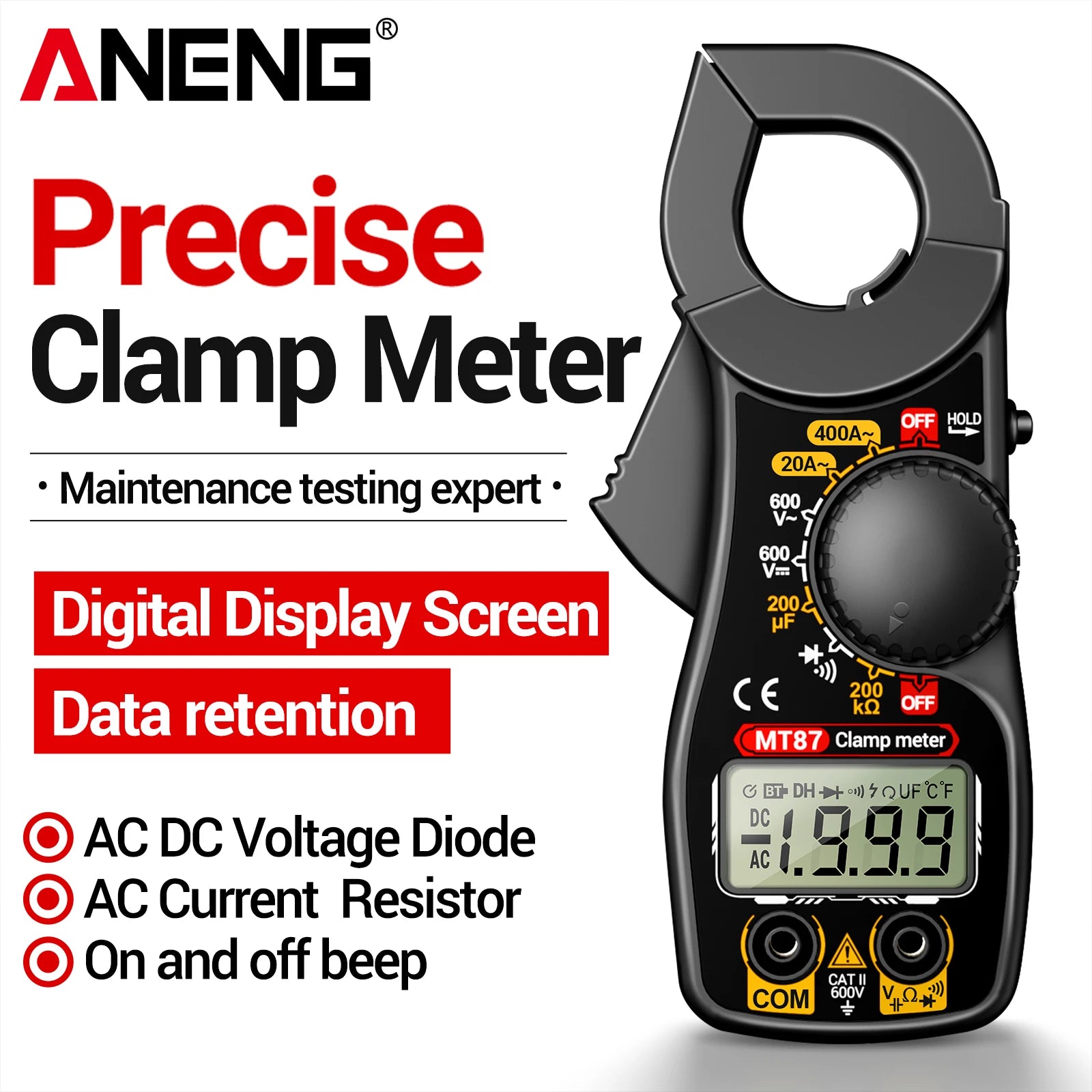 ANENG MT87 Compact Digital Clamp Multimeter Tester Data Hold LCD