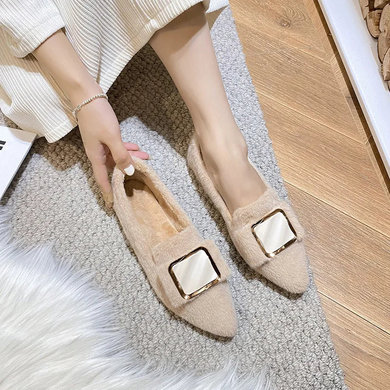 Hairy Flats Shoes for Women 2024 New Pointed Flat Bottom Mink Fur Winter Velvet Women's Shoes Ladies Shoes Plus Size 41 42 43 Zpaxo