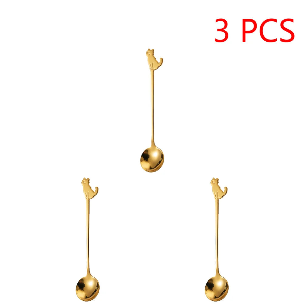 5- Stainless Steel Coffee Spoon Cute Cat Shape Teaspoon Dessert Snack