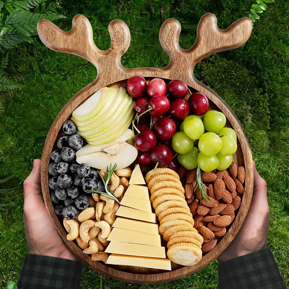 1- Christmas Wood Antler Appetizer Platter Decorative Tree Tray Plate