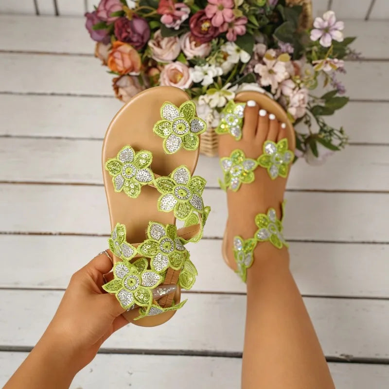 Women's Fish Mouth Toe Loop Flower Comfortable Sandals Women Hollow Zpaxo green 43