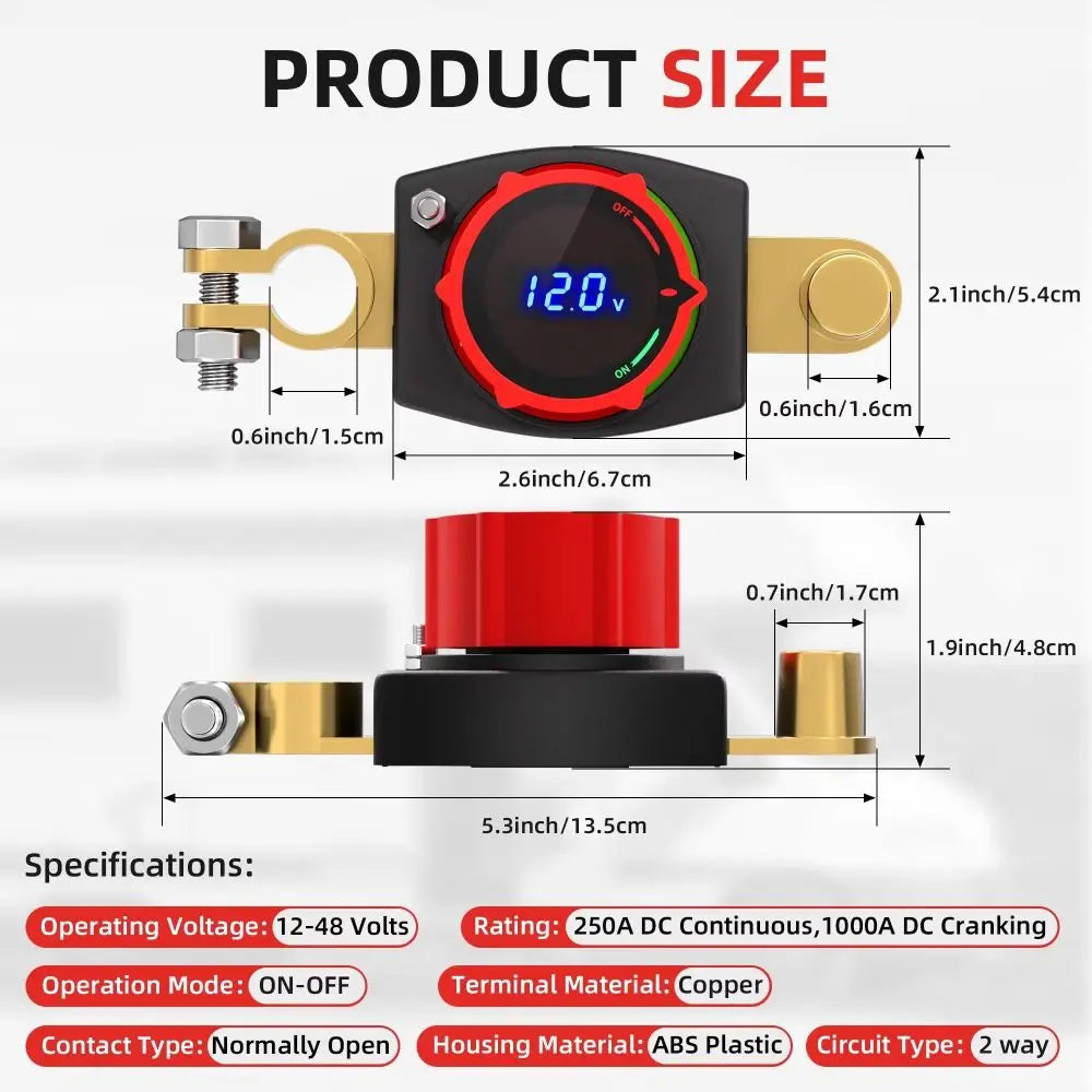 12 V Battery Disconnect Switch Positive Negative Pole Power-off Switch Power Switch Voltage Display Brass Screw Hole Zpaxo