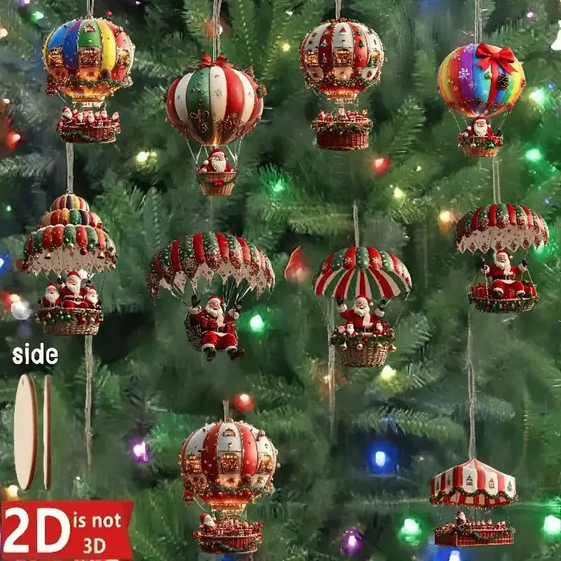 Christmas Wooden Air Balloon Santa Claus 2D Flat Pendant Tree Zpaxo