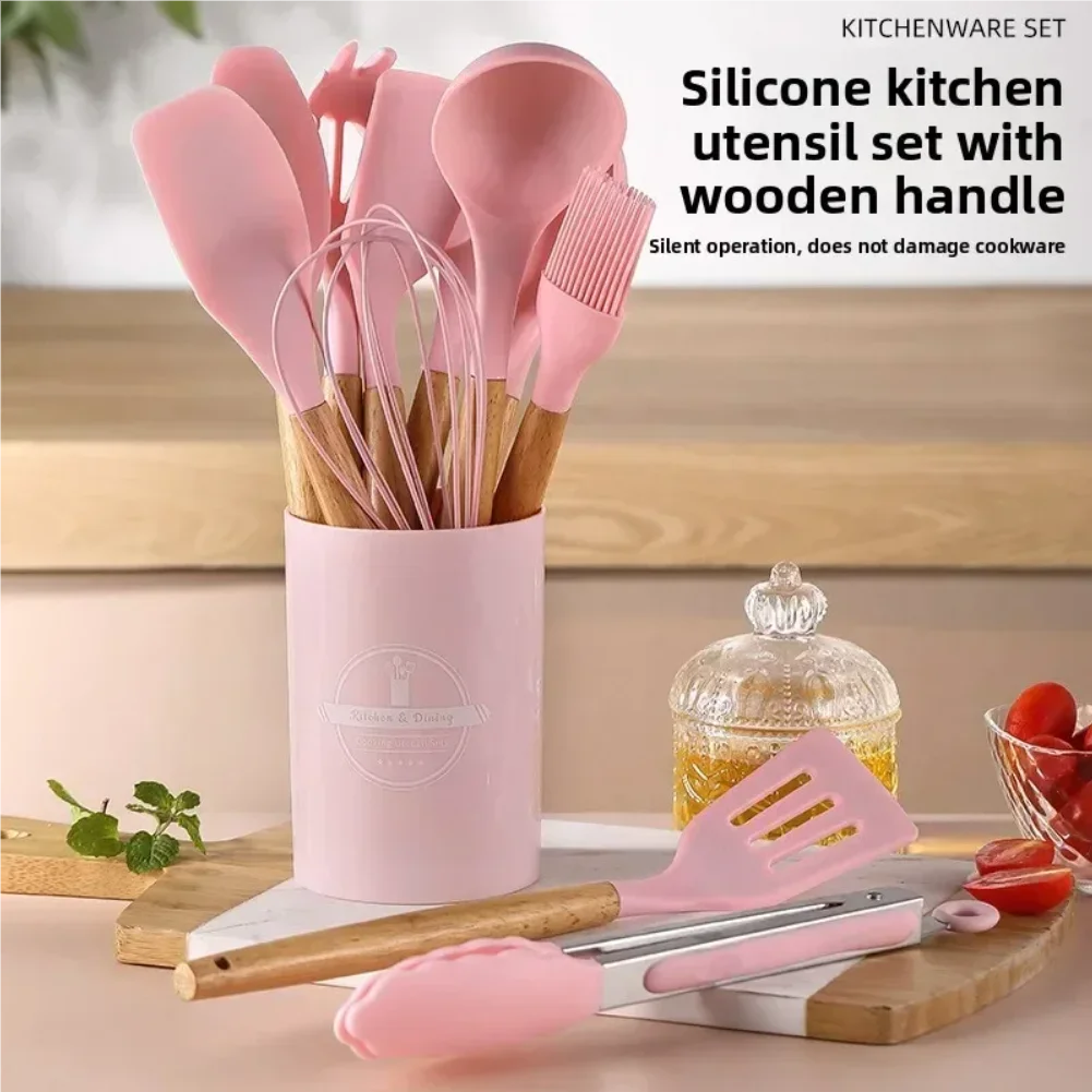 12PCS Silicone Kitchenware Non-Stick Cookware Kitchen Utensils Set Spatula Shovel Egg Beaters Wooden Handle Cooking Tool Set Zpaxo