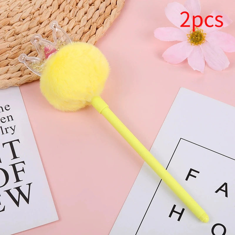 Kawaii Crown Pom Gel Pen Cute Fluffy Plush Black Ink Writing Pastel Zpaxo black 2PCS yellow TM0910B