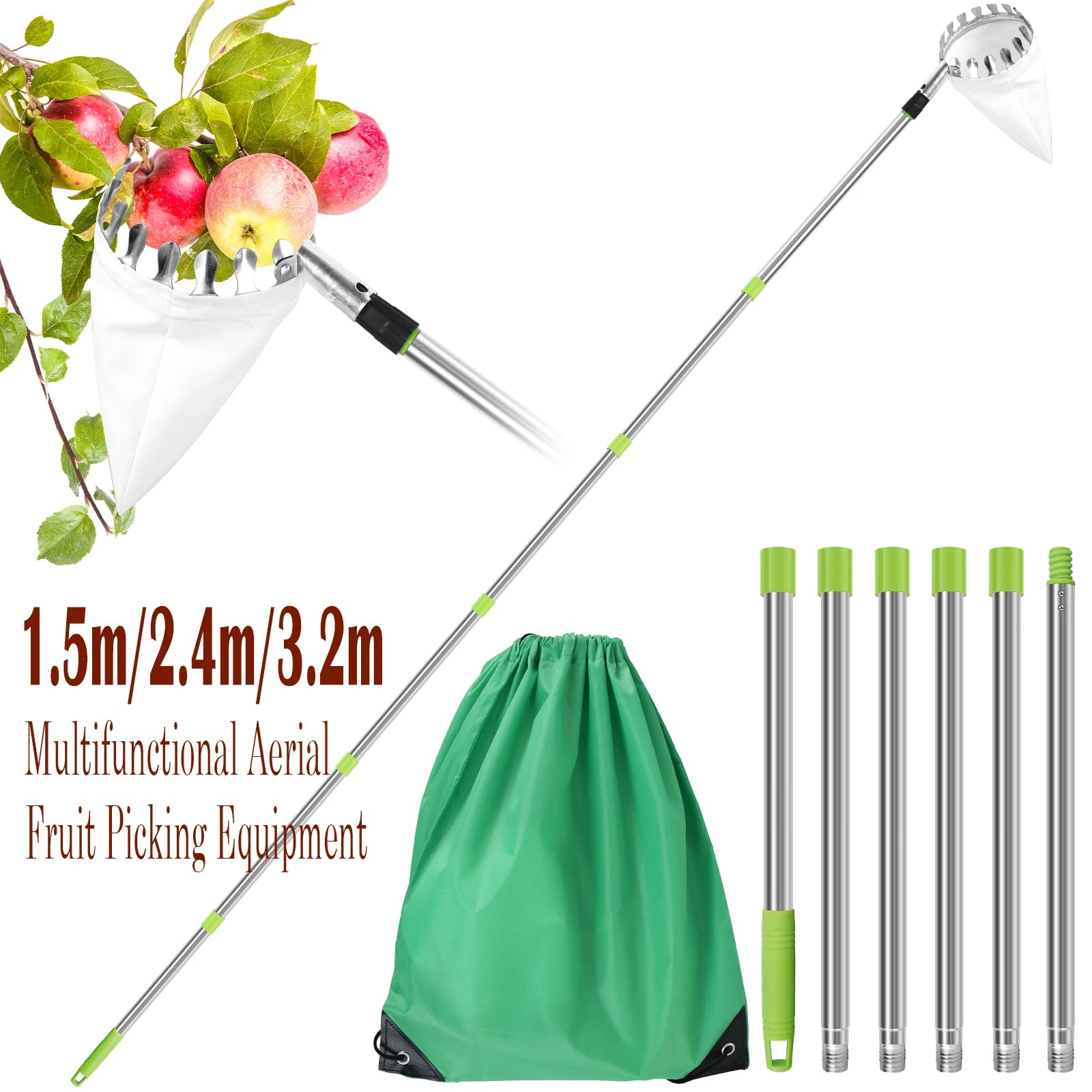 3.2M Fruit Picker Tool Metal Gardening Orchard Picking Tool with Storage Bag Fruit Catcher for Cherry Berry Orange Lemon Pear Zpaxo