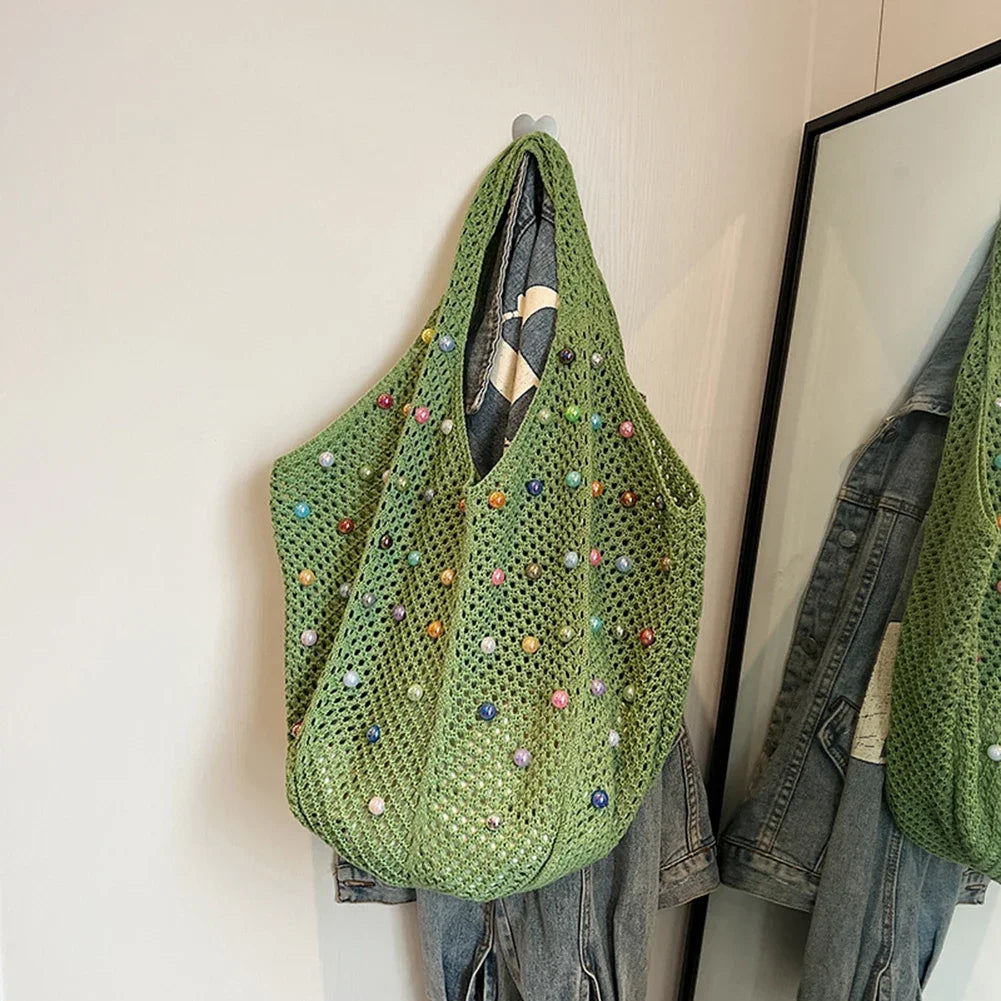Women Boho Crochet Bag Colored Beads Aesthetic Knit Large Capacity Zpaxo 1pc-Green