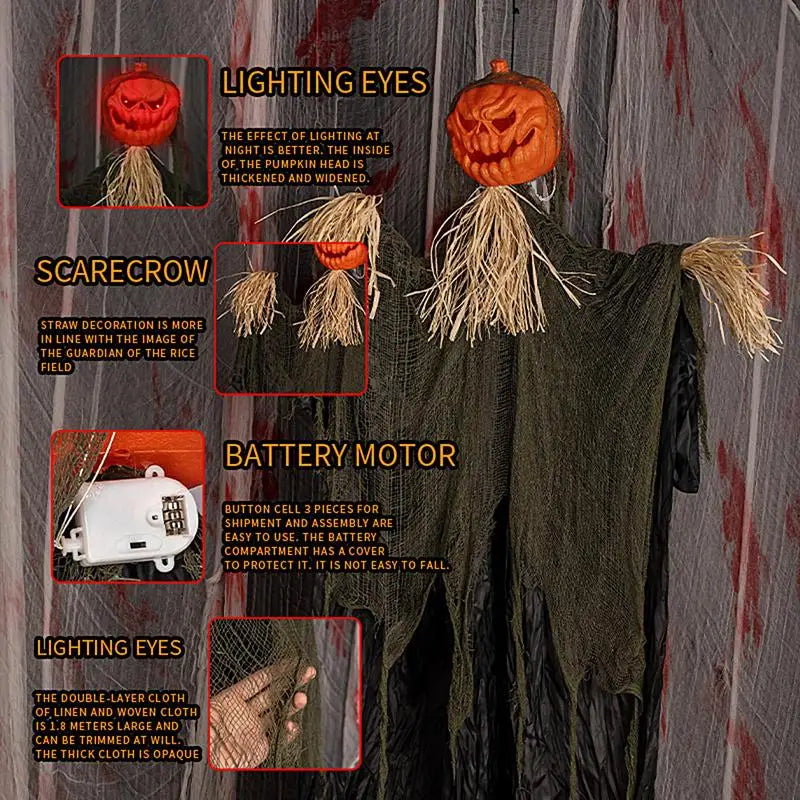 2023 Halloween Hanging Pumpkin Scarecrow Glowing Eyes Scary Voice