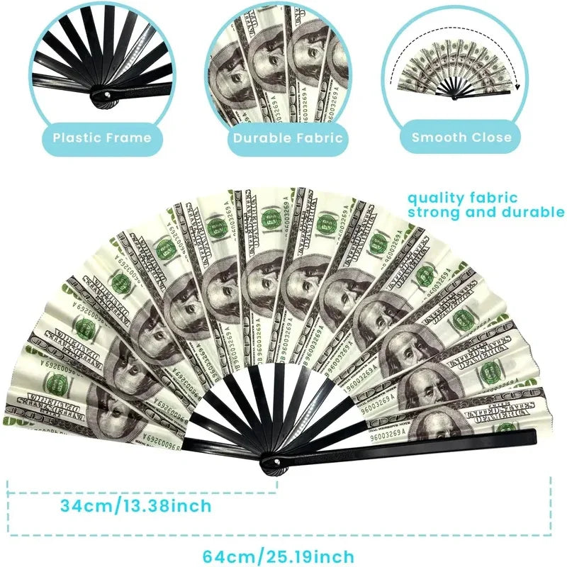 Large Folding Hand Tear Fan Dollar Pattern Music Festival Dance