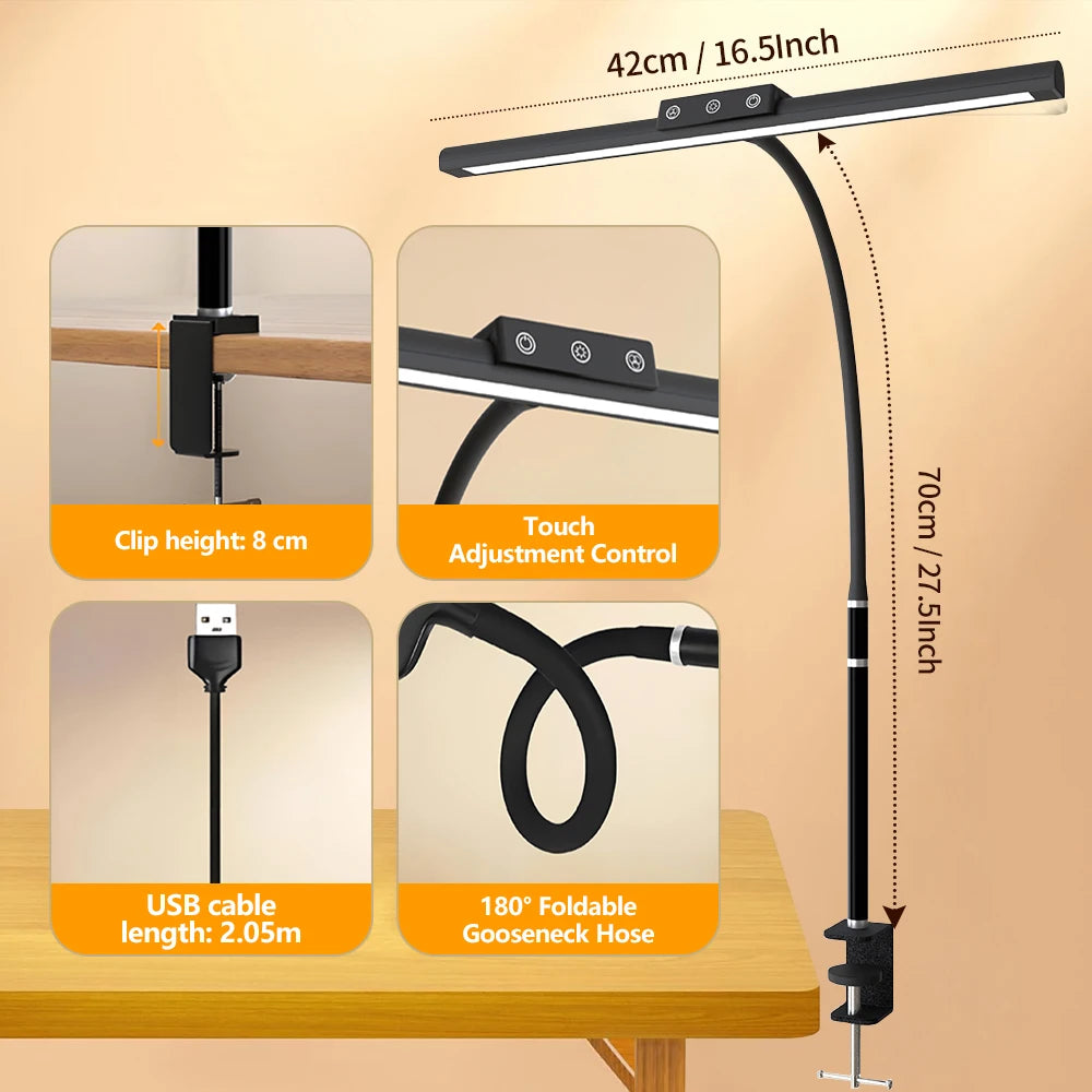 Computer Monitor LED Desk Lamp 5-Colour Temperature Stepless Dimming Flexible Gooseneck Ra80+ Eye-caring Home Reading Table Lamp Zpaxo
