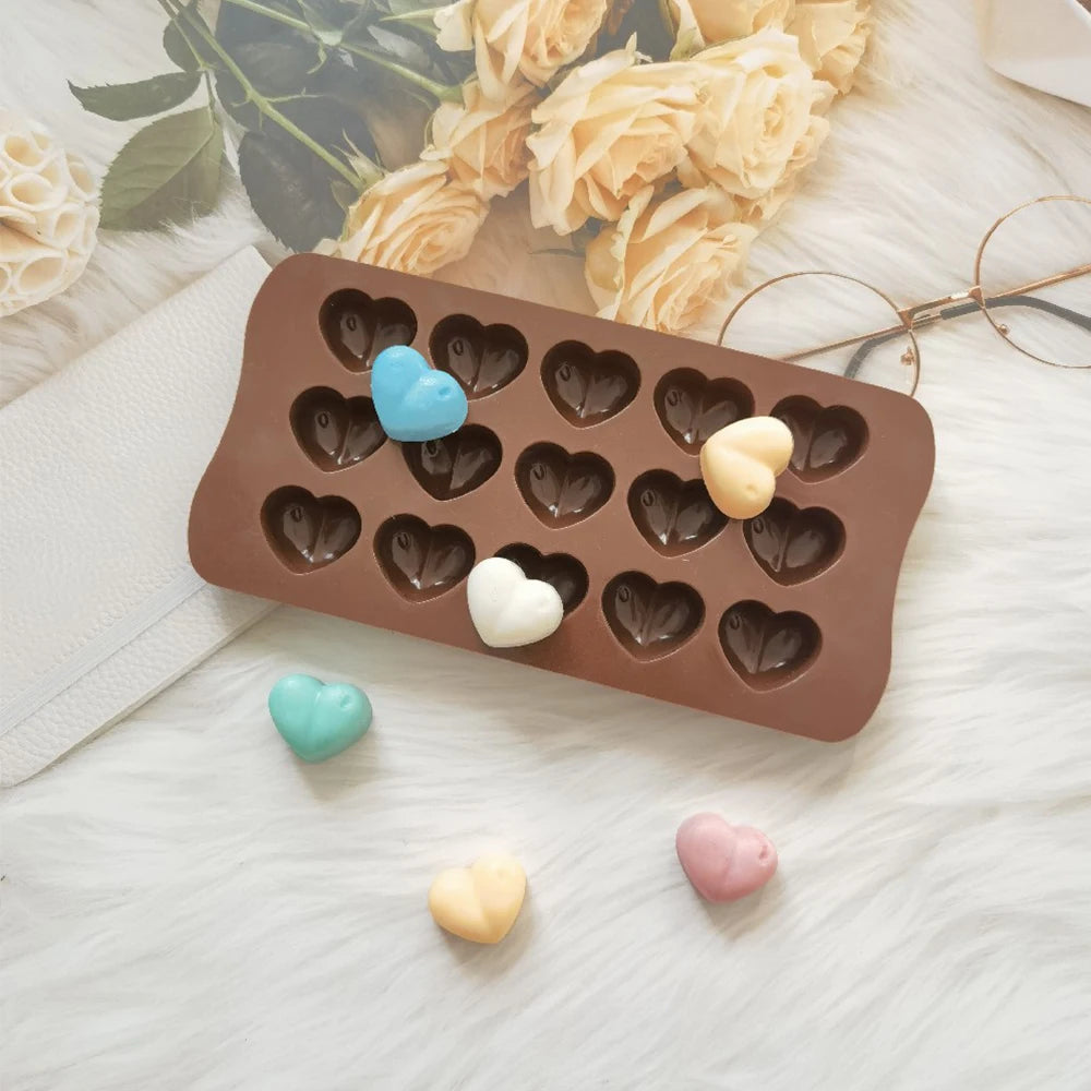 15-Cavity Heart Shaped Silicone Chocolate Mold Cake Fondant Candy Jelly Pudding Ice Cube Baking Mould for Valentine's Day Zpaxo