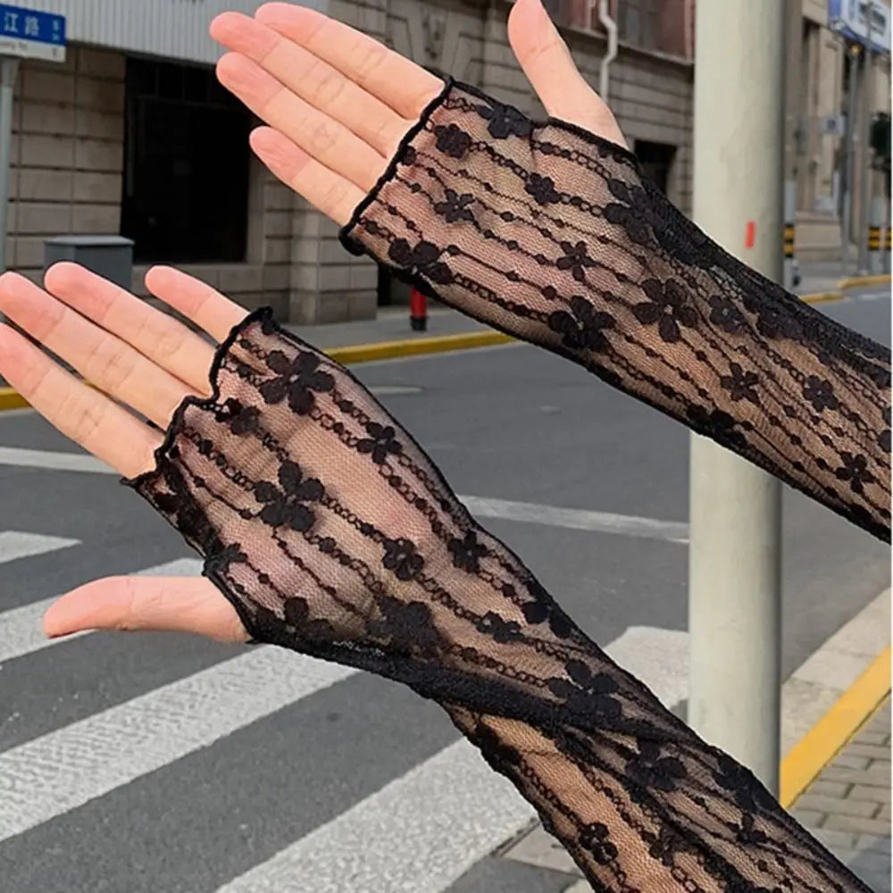 Women Fingerless Ultra Thin Lace Mesh Sunscreen Sleeves Arm Cover Arm Sleeves Driving Gloves Zpaxo