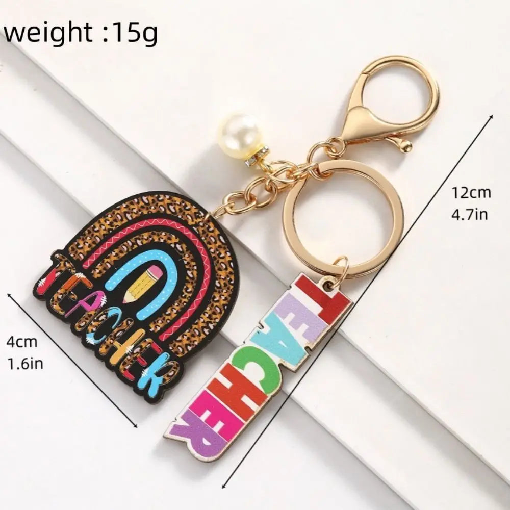 Wooden Teacher's Day Keychain English Letter Geometric Shape Text Keychain Pendant Colorful Rainbow Pen Holder Key Ring Zpaxo