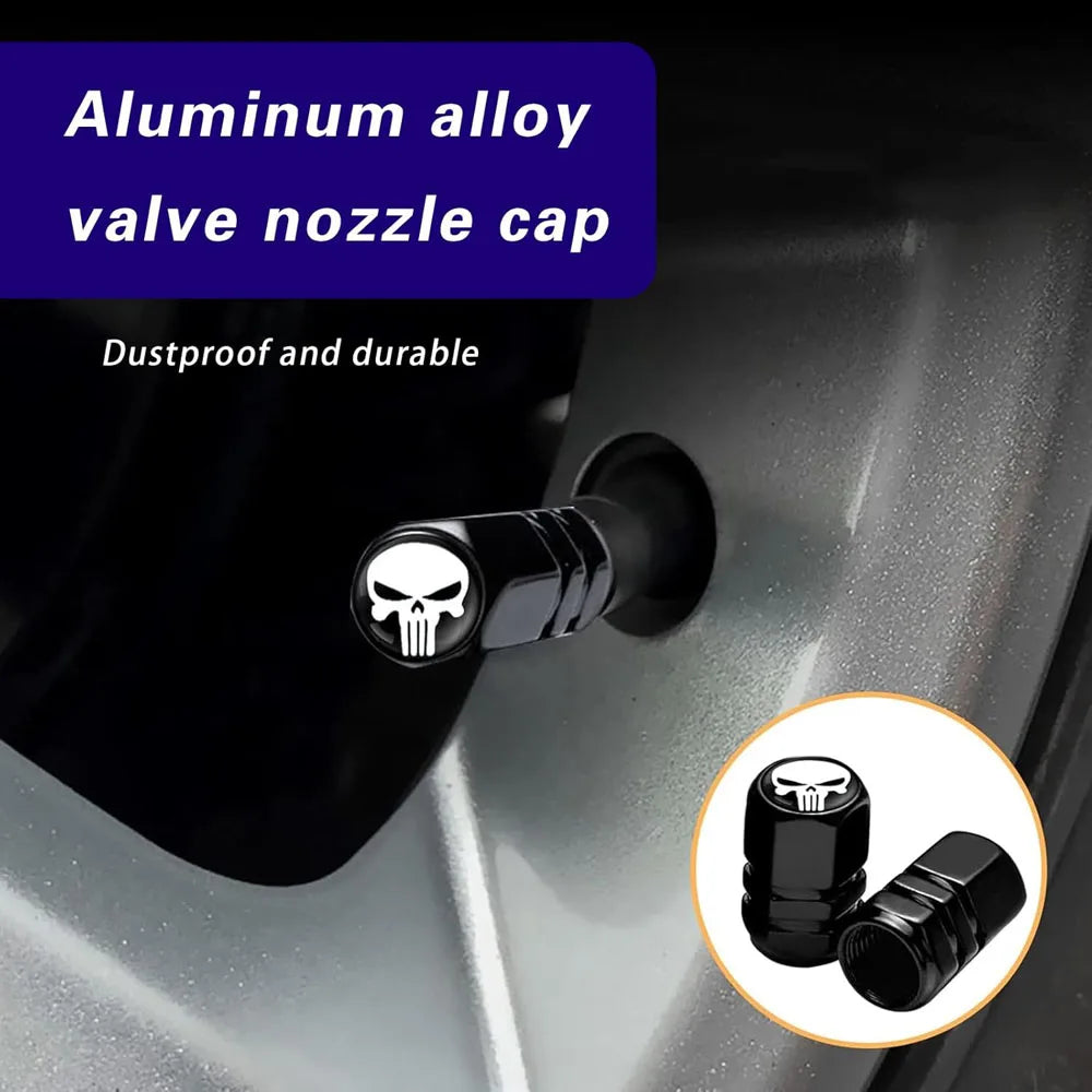 Skull Tire Valve Stem Caps – 4-Pack Aluminum Dust Covers