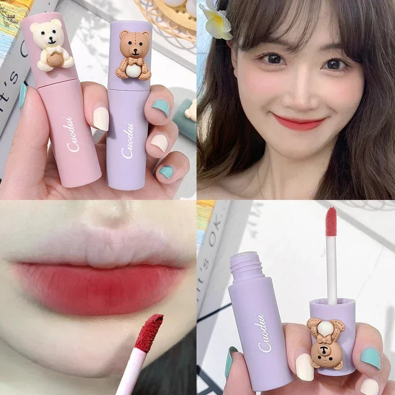Girl's Velvet Matte Lipstick Blush Waterproof Long Lasting Cute Bear Lipgloss Non-Stick Cup Makeup Lip Tint Mud Cosmetic Makeup Zpaxo