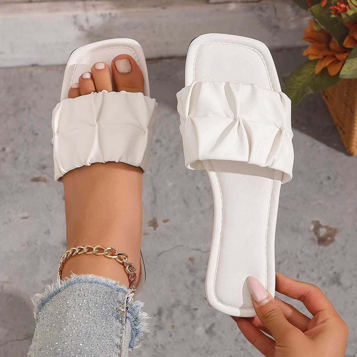 Summer Women Slippers Slip on Lightweight Shoes Flats Pleated Slippers Women Elegant Comfortable Sandals Big Size Slides Women Zpaxo Beige 40
