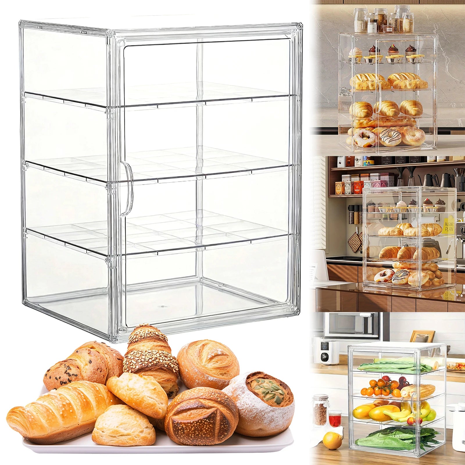 4-Layer Clear Plastic Bread Box Adjustable Bakery Pastry Display Case