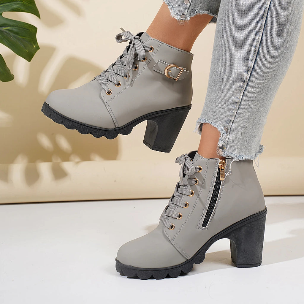 2025 New Women Ankle Boots High Quality Lace-up Boots Ladies Comfortable High Heels Shoes for Women Spring Winter Women Pumps Zpaxo GRAY 37