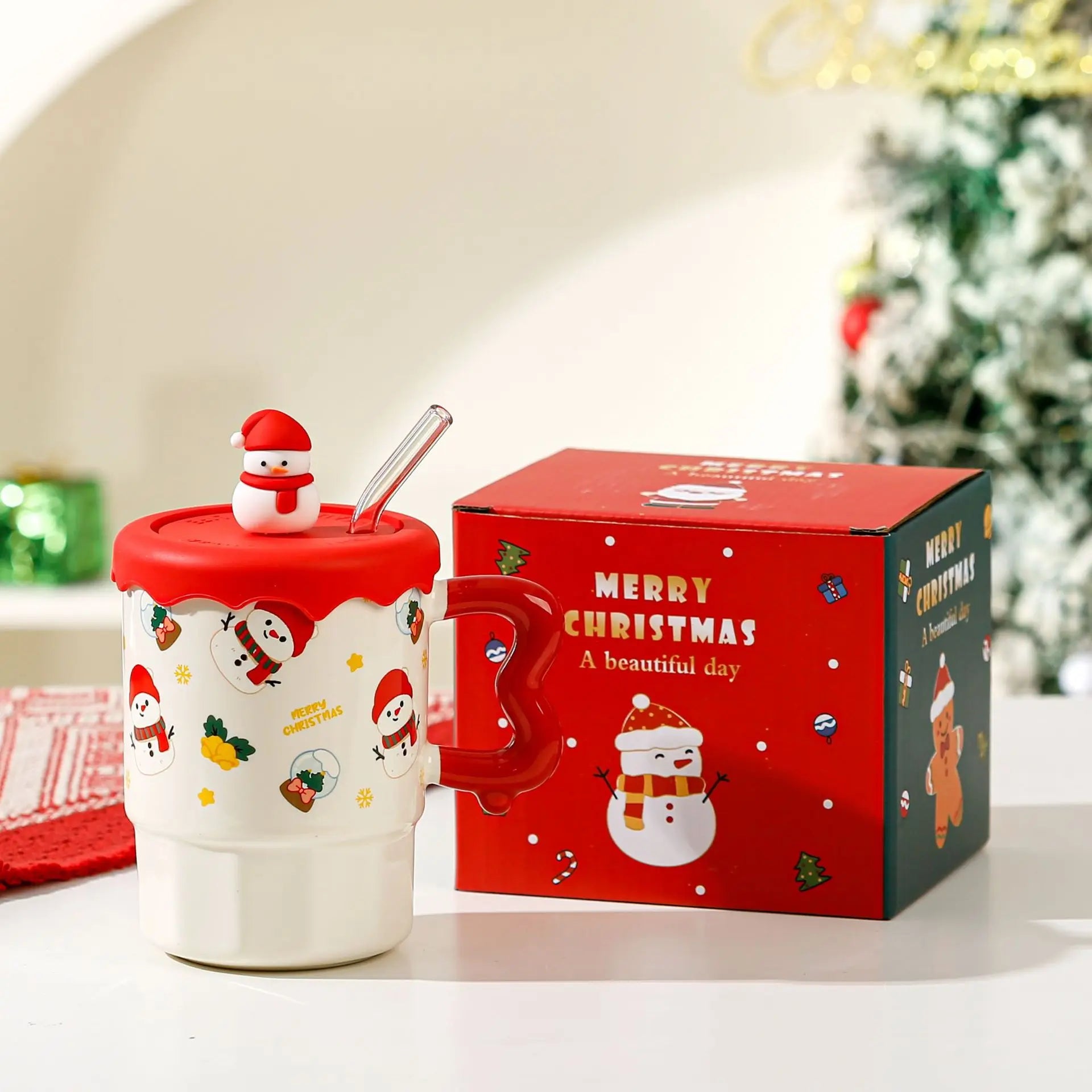 Cute Christmas Mug Lid Spoon Appearance Level Santa Claus Reindeer