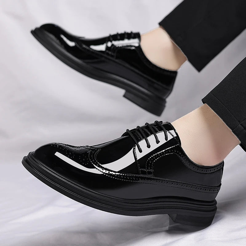 Glossy Patent Leather Brogue Perforated Carved Formal Dress Shoes Zpaxo