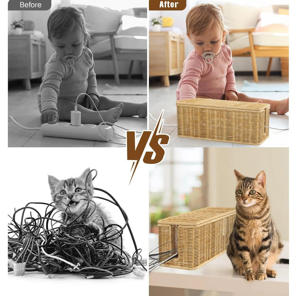 Cable Management Box Handwoven Imitation Rattan Cord Hider Organizer
