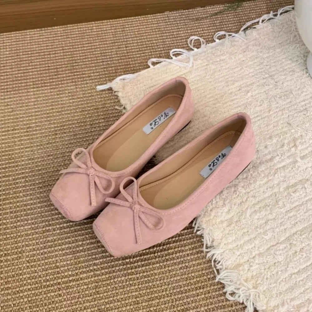 Woman Casual Square Head Bow Flats Flock Mocasines Ballerina Church
