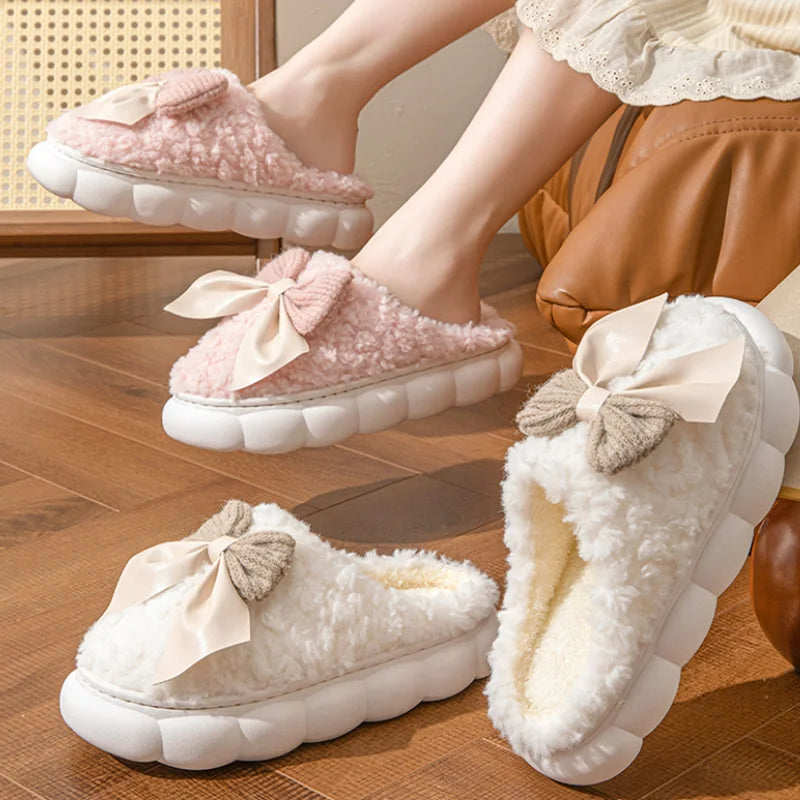Winter Warm Fur Slippers Women Cute Bow House Non Slip Soft Shoes