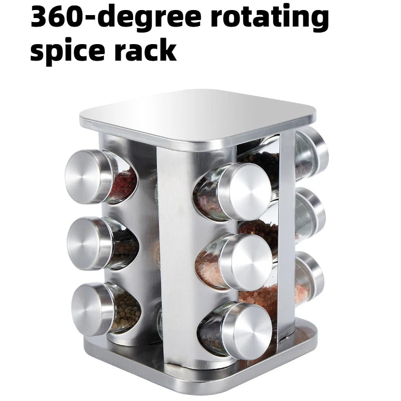 360° Rotating Stainless Steel Spice Rack – Multi-Compartment