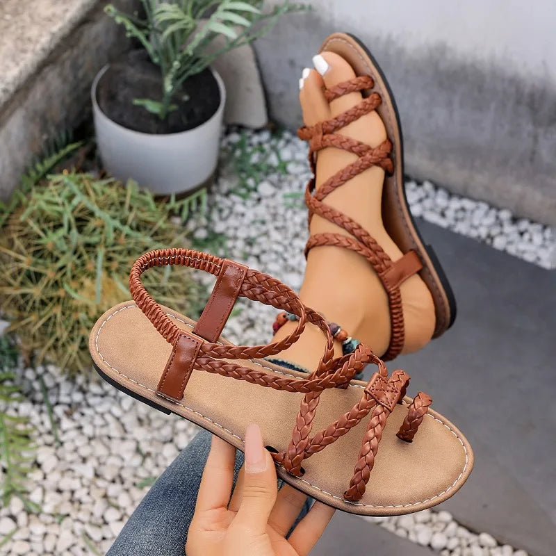 Open Toe Women's Sandals Beach Woven Hollow Women Casual Clip Flats Zpaxo
