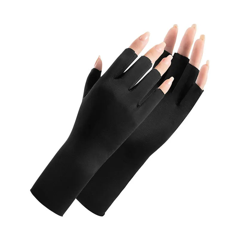Summer sun protection gloves for women UV resistant thin nail art outdoor cycling breathable ice silk sun protection gloves Zpaxo black gloves