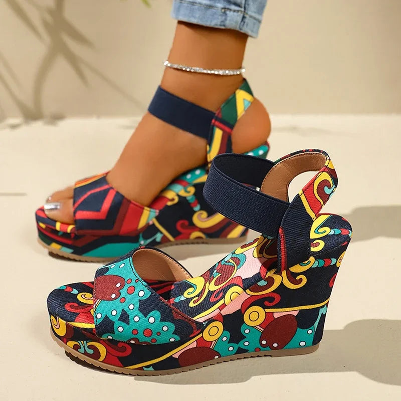 Shoes Women 2025 Wedge Sandals Retro Ethnic Printing Platform Ladies